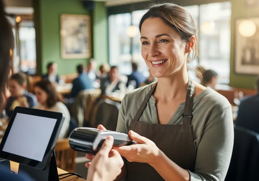 A restaurant owner taking a card payment on the POS